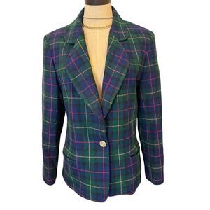 JOAN LESLIE Plaid Blazer Coat Jacket Women size 10 Navy Green Holidays Tartan